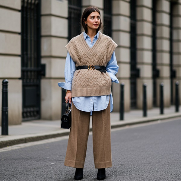 Mujer con chaleco tejido y jeans en look de entretiempo otoño 2025