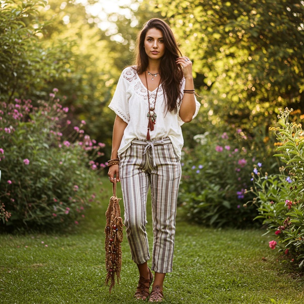 Look boho con pantalones de rayas y blusa vaporosa