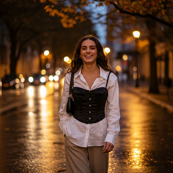 Lencería visible tendencia otoño 2025 con corset sobre camisa