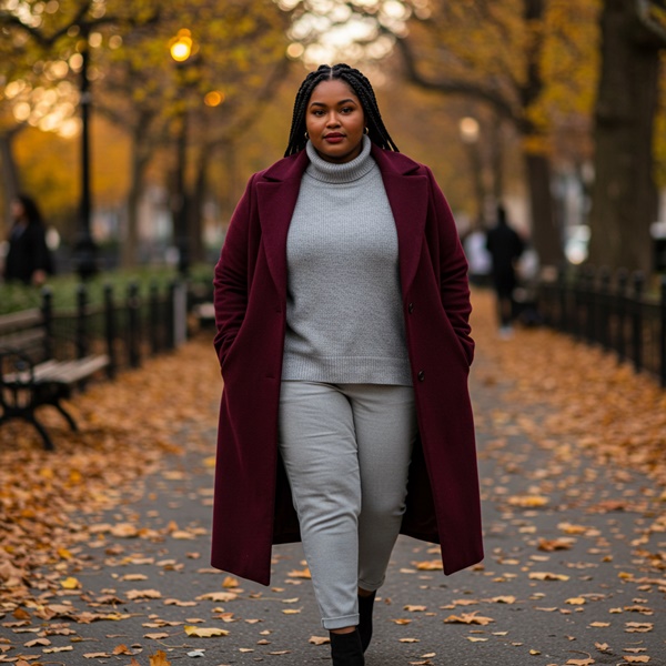 Outfit invernal con abrigo vino, suéter gris y pantalón gris claro