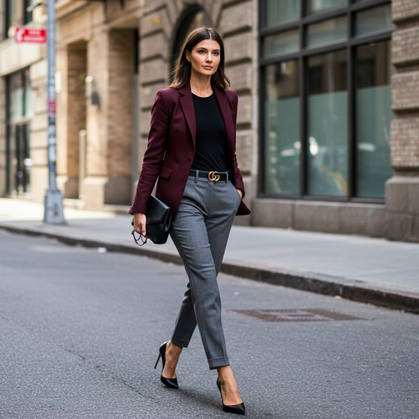 Mujer con blazer vino, pantalón gris y cinturón negro en un outfit de oficina