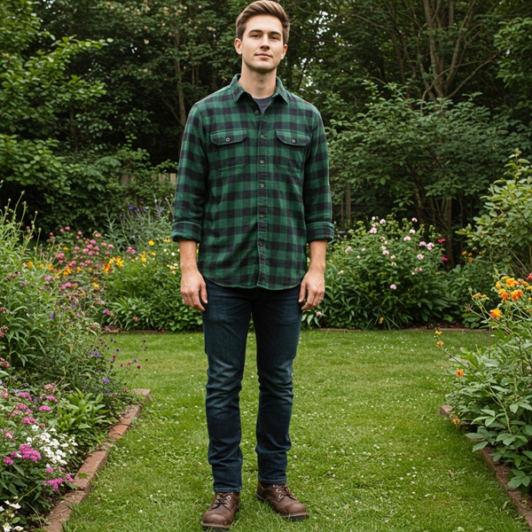 Hombre con camisa de cuadros roja, jeans oscuros y botas workwear
