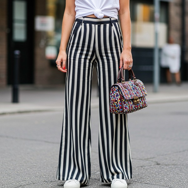 Look casual con pantalones de rayas y camiseta blanca