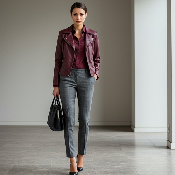 Look ejecutivo con chaqueta vino, pantalón gris de raya de gis y accesorios negros