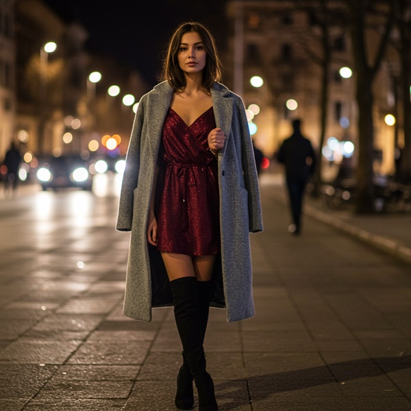 Outfit de noche con vestido vino, abrigo gris y botas negras