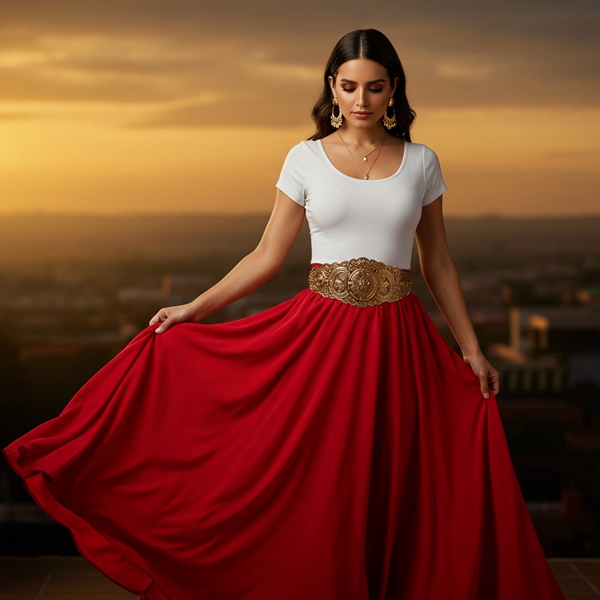 Maxi falda roja con top blanco para outfit elegante mexicano
