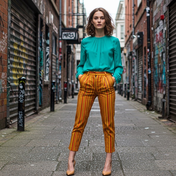 Look creativo y audaz con pantalón de rayas y color block