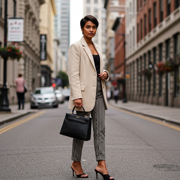 Pantalones de raya con blazer para un look profesional y elegante
