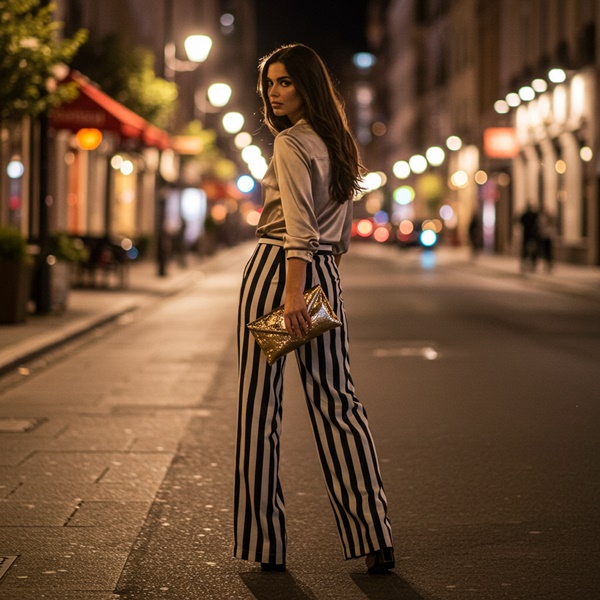 Look de fiesta con pantalones de rayas y blusa elegante