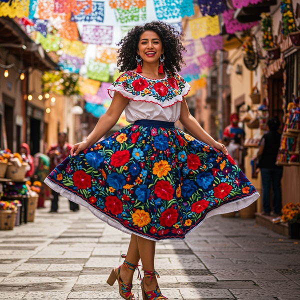 Vestido bordado mexicano con flores para noche mexicana