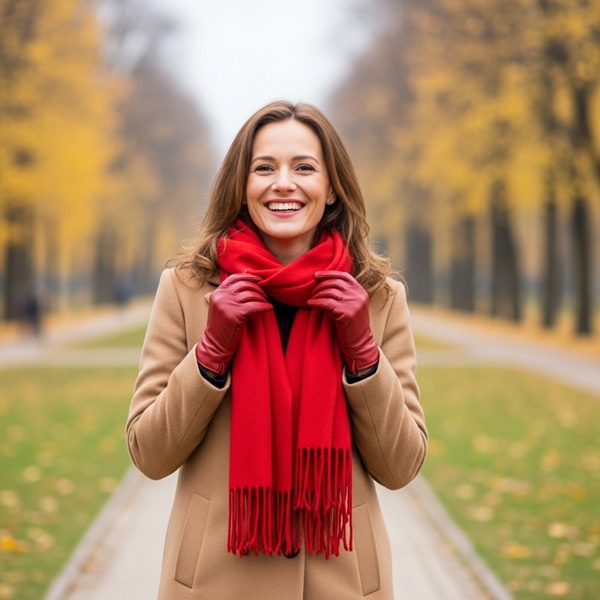 Abrigo camel con bufanda roja, look clásico y elegante