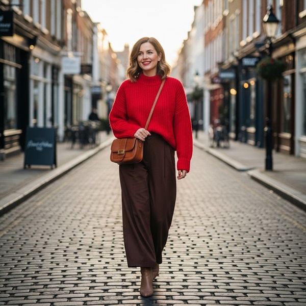 Pantalones color chocolate con suéter rojo cereza y botines beige