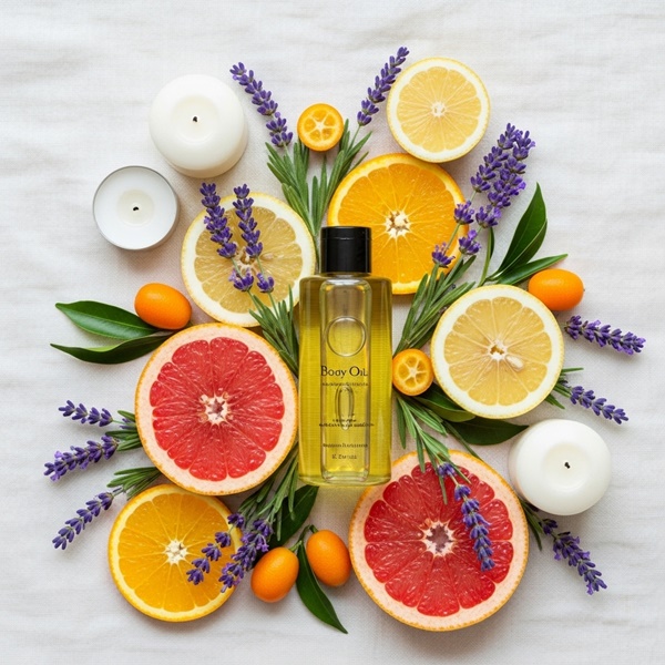 Aceites esenciales y velas para una rutina de body skincare relajante