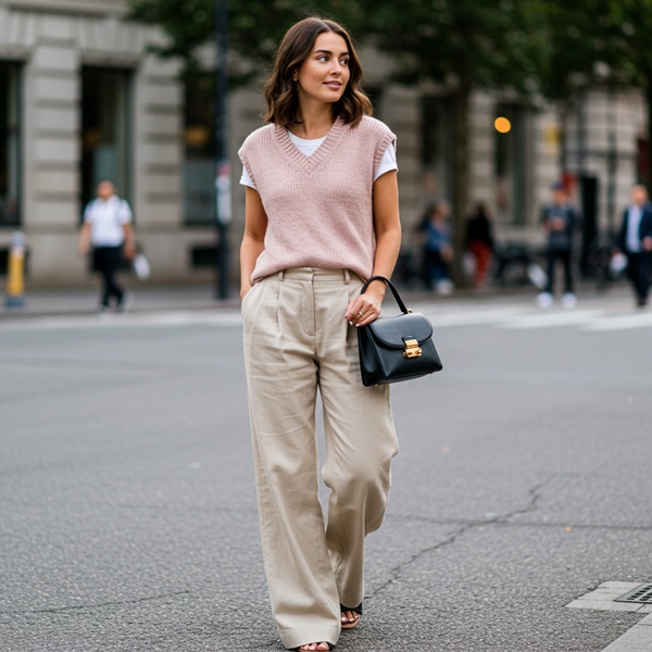 Chaleco tejido con pantalones amplios, outfit de entretiempo