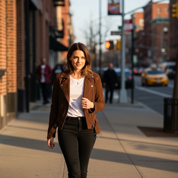 Chaqueta de gamuza color camel con jeans y camiseta blanca, look casual chic