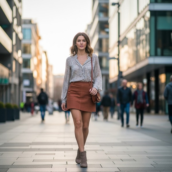 Falda de gamuza con blusa ligera, look femenino y versátil