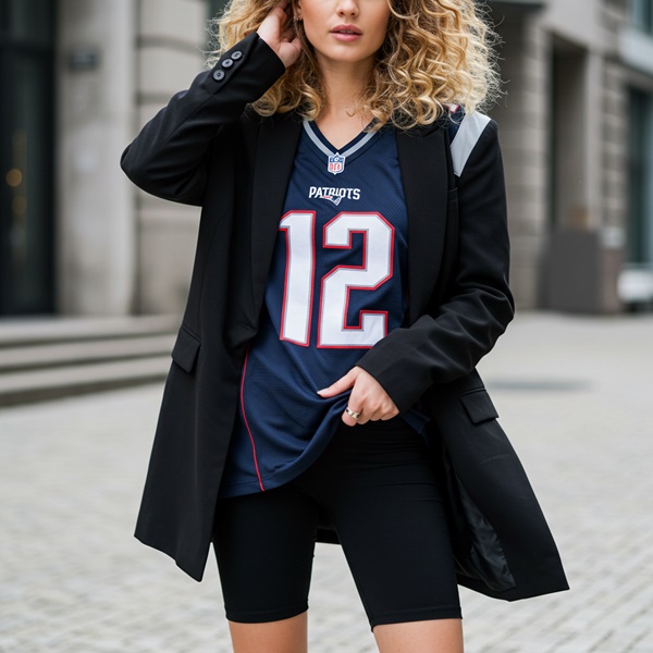 Look con jersey de fútbol americano, biker shorts y blazer largo