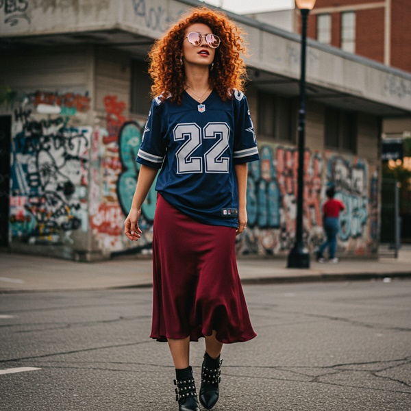 Jersey de fútbol americano con falda midi satinada y botines