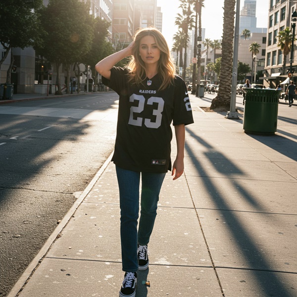 Mujer con jersey de fútbol americano, jeans rectos y sneakers blancos