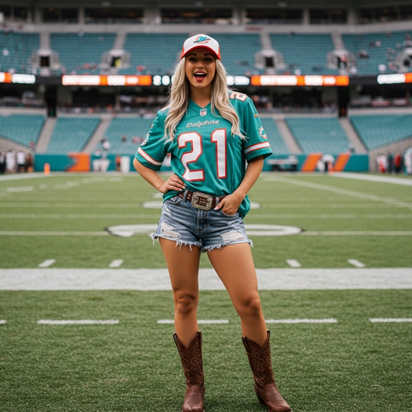 Mujer con jersey de fútbol americano, gorra y botas cowboy estilo Game Day