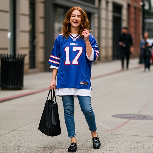Mujer con jersey de fútbol americano sobre camisa blanca oversized