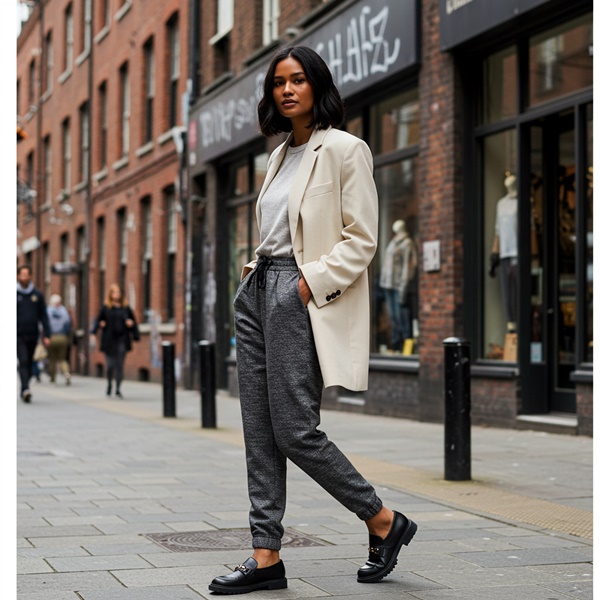Joggers con blazer oversized para un look chic y relajado