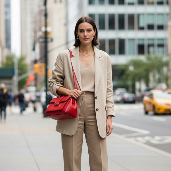 Conjunto beige con bolso rojo, look chic de otoño 2025