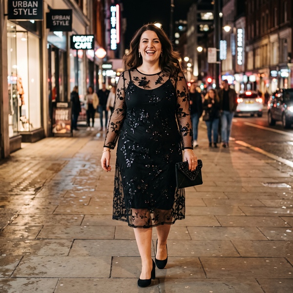 mujer con vestido de mesh con lentejuelas ideal para evento nocturno