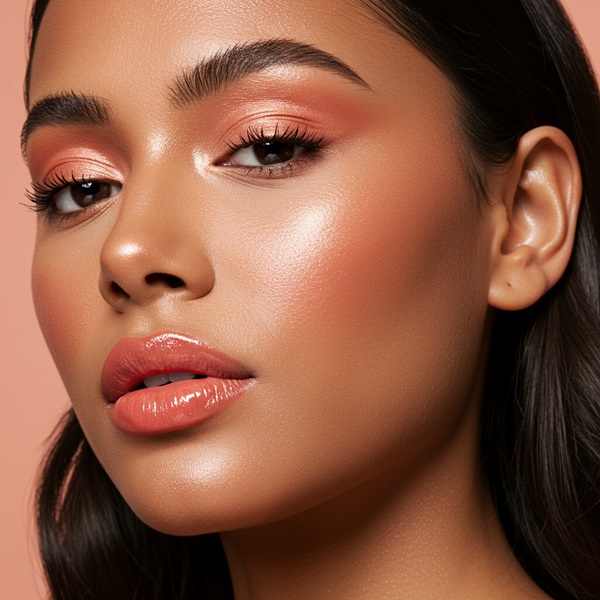 Maquillaje monocromático durazno con rubor y gloss coral brillante