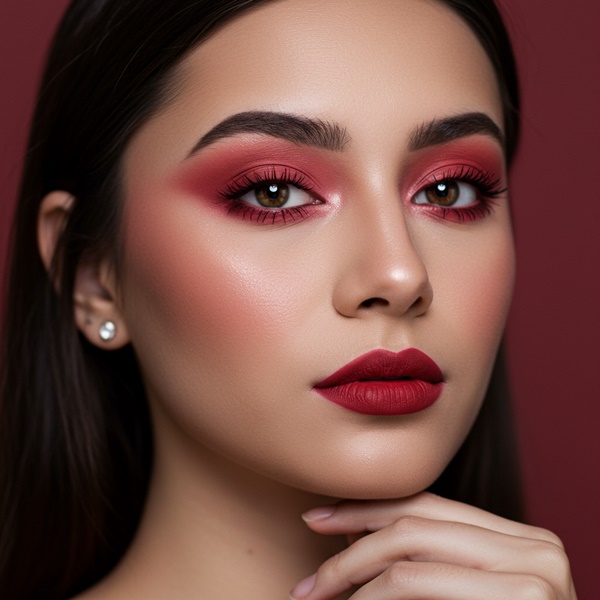 Maquillaje monocromático rojo con sombra difuminada y labios glossy