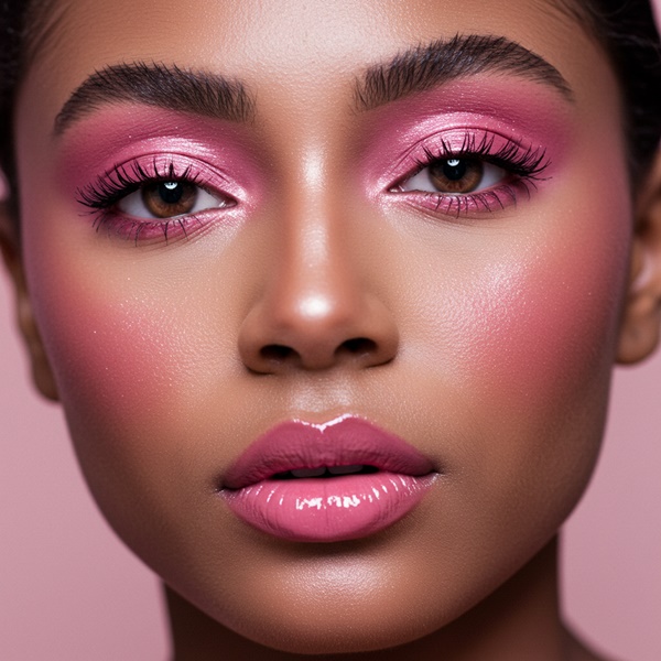 Maquillaje monocromático rosado con sombras pastel y labios gloss