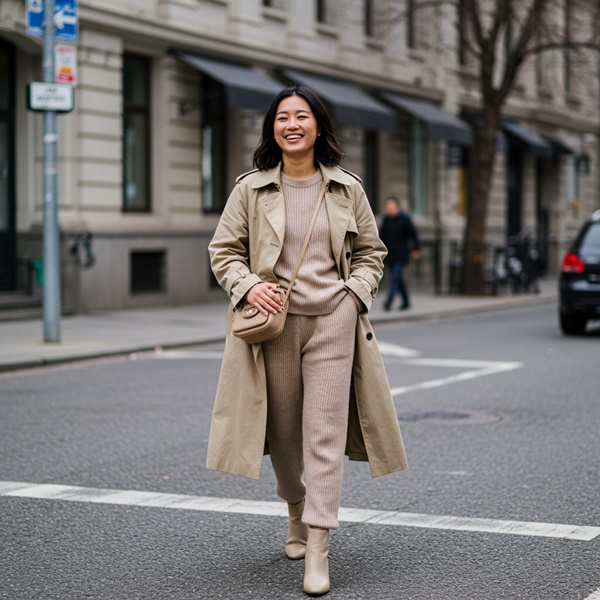 Conjunto de punto con trench coat beige, estilo haute loungewear