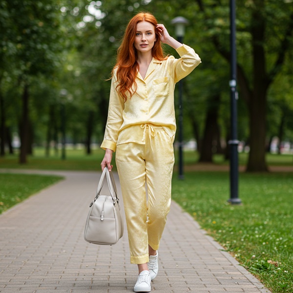 Conjunto satinado con tenis blancos, look moderno y cómodo