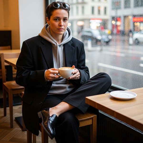 Look con sudadera y blazer para un layering elegante