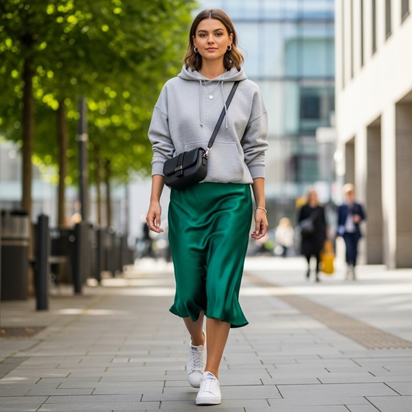 Outfit sporty chic con sudadera y falda satinada