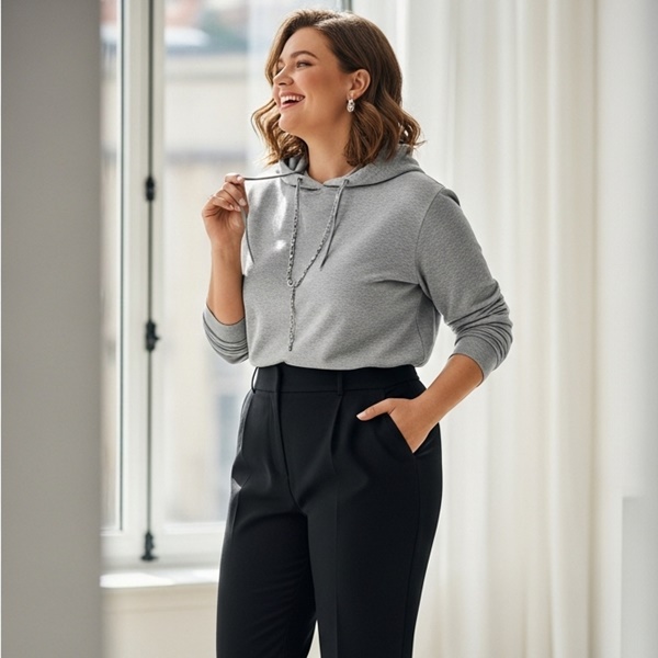 Outfit elegante con sudadera y pantalón de vestir