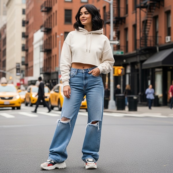 Look juvenil con sudadera cropped y jeans anchos