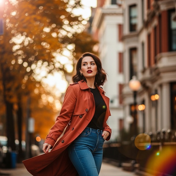 Trench coat terracota con labios rojo vino, estilo parisino otoño