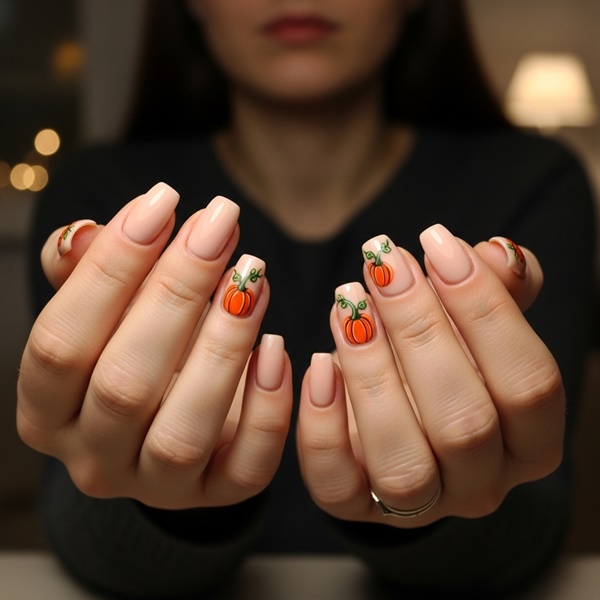 Manicura de Halloween con mini calabazas naranjas sobre base nude