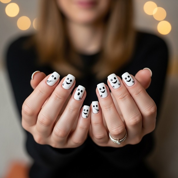 Uñas de Halloween con fantasmas blancos que brillan en la oscuridad