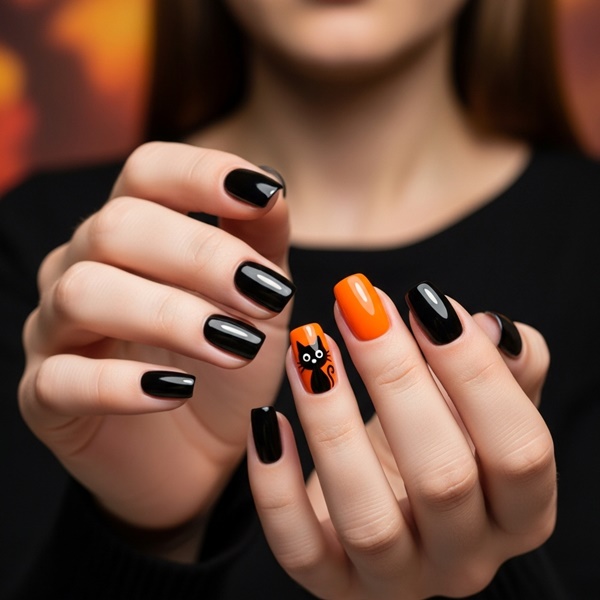 Uñas de Halloween con diseño de gato negro sobre base naranja