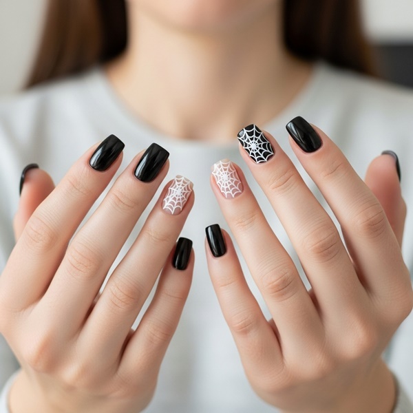 Manicura de Halloween con telarañas plateadas sobre fondo negro