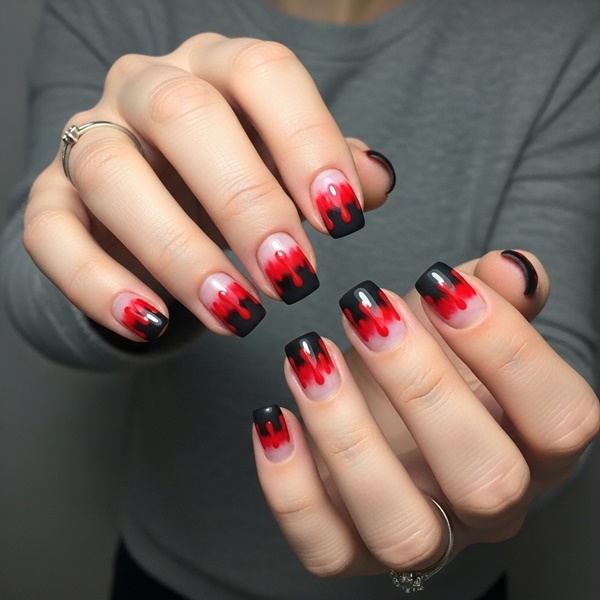 Uñas de Halloween con efecto sangre en tonos rojo y negro