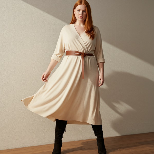 Vestido de punto con botas altas y cinturón, outfit elegante