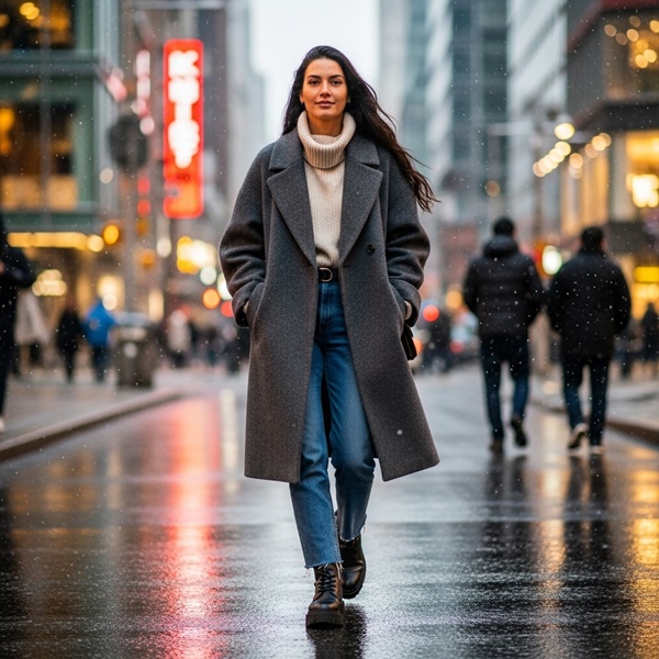 Look con abrigo oversized de lana, jeans rectos y botas chunky