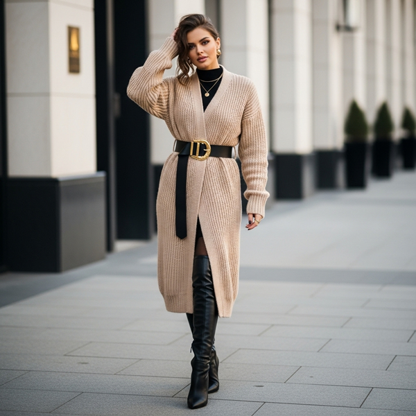 Cardigan oversized con cinturón tipo vestido, medias negras y botas