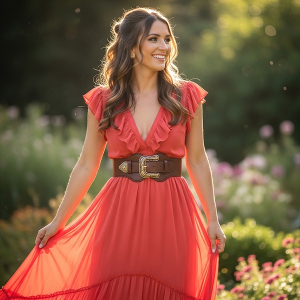 cinturón ancho dorado sobre vestido fluido para look elegante