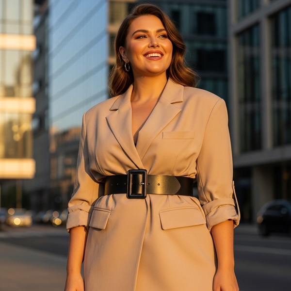cinturón ancho sobre blazer estructurado marcando la cintura
