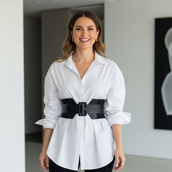 cinturón ancho marcando la cintura sobre camisa oversize blanca