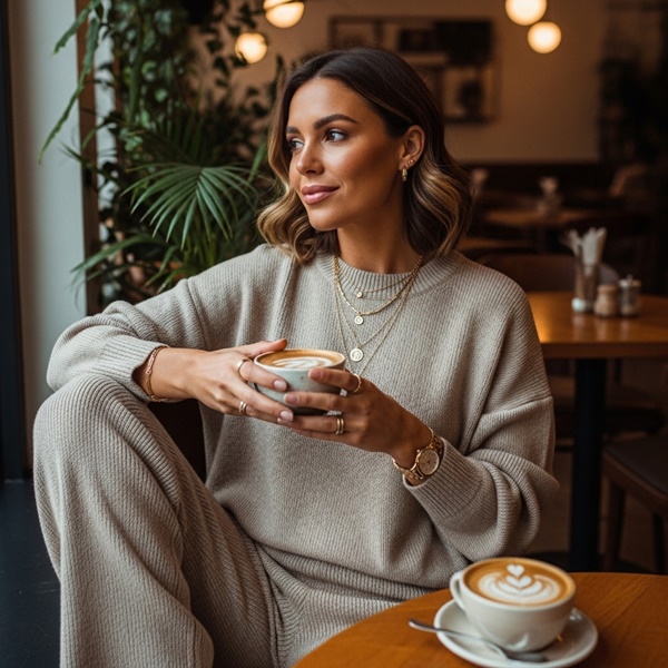 Conjunto de punto beige con suéter y pantalón, estilo cozy y femenino